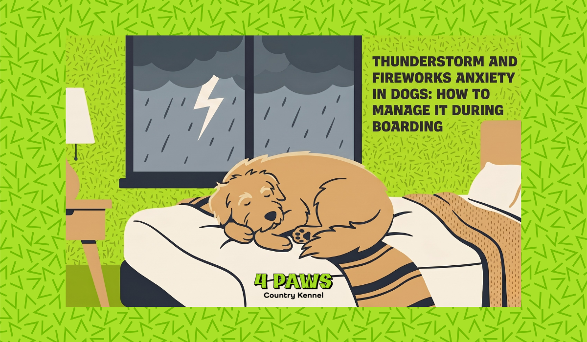 Dog anxiety boarding Colorado Springs illustrated graphic showing calm dog during thunderstorm for 4 Paws Country Kennels blog